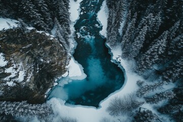 Aufkleber - Snow-covered river surrounded by dense forest reveals tranquil beauty in winter scenery captured from above