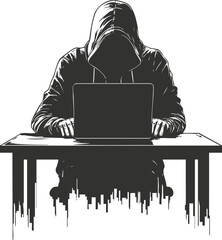 Hooded figure using laptop, symbolizing cybersecurity and digital anonymity.