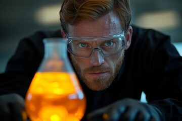 Aufkleber - Scientist conducts experiment with glowing orange liquid in laboratory setting during evening hours