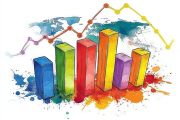 Poster - Colorful bar graph representing data trends on a vibrant world map background with dynamic lines in various colors