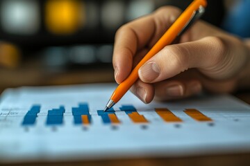 Leinwandbilder - Hand holding an orange pen over a chart with blue and orange bars during a business analysis session