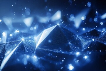 Poster - Stunning blue abstract artwork showcasing luminous pyramids and sparkling particles in a mystical landscape