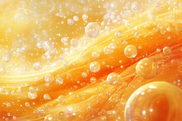 Aufkleber - Bubbles rise through a vibrant orange backdrop creating a lively, abstract visual effect in a playful atmosphere