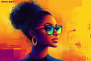 Aufkleber - Vibrant portrait of a woman with stylish glasses against an abstract colorful background