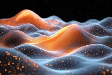 Fototapete - Dynamic waves of orange and blue particles creating an abstract landscape in a dark environment during a serene moment