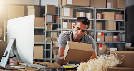 Aufkleber - Box, computer and supply chain with courier man in distribution center for export or import. Inspection, logistics and quality control with employee in office for delivery, ecommerce or shipping