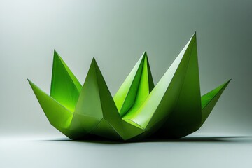 Leinwandbilder - Crafting intricate green origami representing a lotus flower against a neutral background in a minimalist design