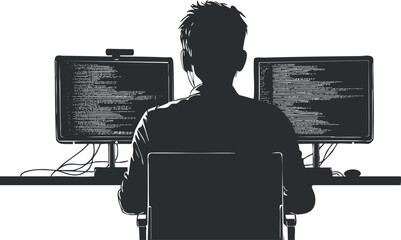 Silhouette of programmer coding at dual monitors for software development projects.