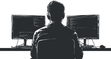 Silhouette of a programmer working on multiple computer screens for software development.