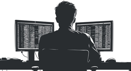 Silhouette of programmer at dual monitors for coding and software development.