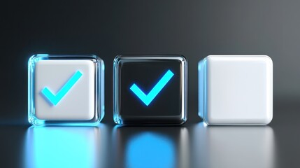 3D rendered checkboxes, glowing light, studio background, suitable for technology, website design