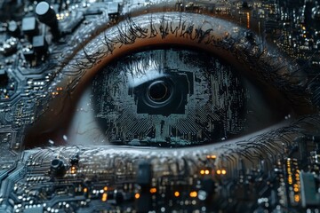 Aufkleber - Futuristic eye with circuit board patterns reflecting technology and innovation in a digital landscape