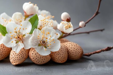 Poster - Beautiful display of almond blossoms and nuts arranged artistically on a grey background