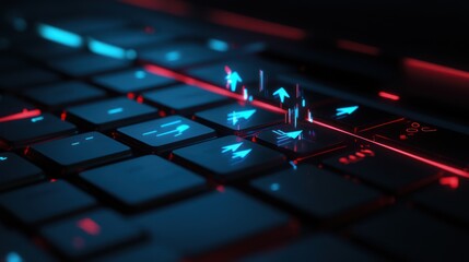 Illuminated keyboard with glowing arrows,  digital interface. Possible use Technology, design, programming stock image