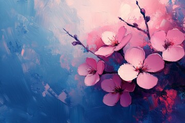 Poster - Colorful blossoms against a soft blue background create a serene atmosphere in this vibrant artwork featuring delicate petals