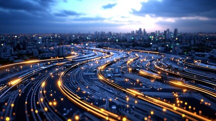 Poster - Futuristic Cityscape with Glowing Circuit Board Pattern Abstract Technology Background