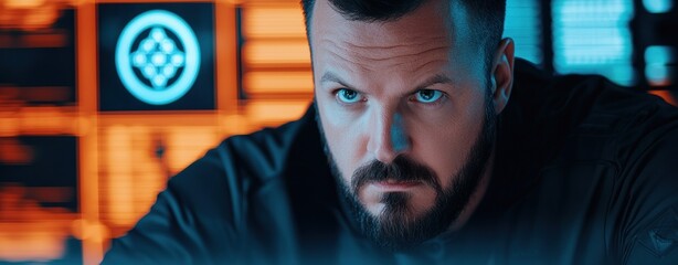 Serious Man with Beard Intense Gaze Working on Futuristic Technology Interface