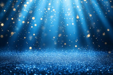 Fototapete - Bright light rays illuminate a sparkling blue background with shimmering particles at a vibrant event setting