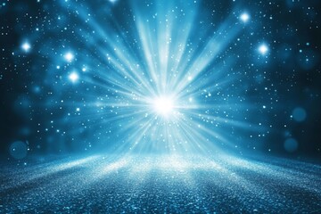 Fototapete - Radiant light beams illuminating a sparkling surface in a blue-toned environment during a serene nighttime setting