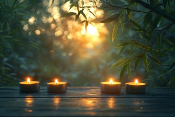 Aufkleber - Candles illuminate the peaceful evening as sunlight filters through lush foliage in a tranquil outdoor setting