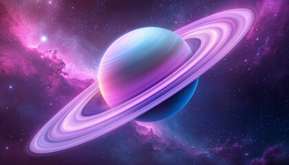 Wall Mural - A vibrant depiction of Saturn, showcasing its iconic rings and colorful cosmic background filled with stars and nebulae.