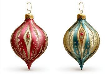 Poster - Colorful Christmas ornaments in red and gold with intricate designs displayed together for decoration during the holiday season
