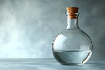 Leinwandbilder - Glass bottle filled with clear water sitting on a textured surface with a cork stopper in a subtle light setting
