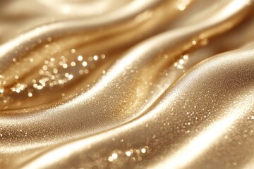 Poster - Shimmering golden fabric flows with soft waves and sparkling highlights in a close-up view