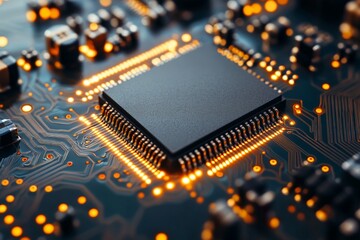 Fototapete - Close-up view of a microprocessor on a circuit board with glowing connections at evening