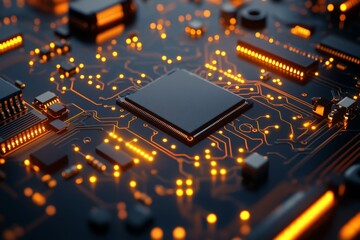 Aufkleber - Intricate design of a circuit board showcasing glowing connections and a central processing unit in a dark setting