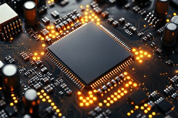 Leinwandbilder - Circuit board with illuminated components showcasing intricate technology in close-up view