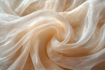 Poster - Soft, sheer fabric draped elegantly on a surface, showcasing its texture and shimmer in natural light