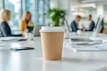 Leinwandbilder - Coffee cup on office table during a business meeting in a modern workspace with colleagues discussing