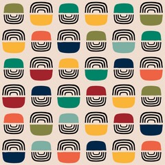 Poster - Bright pattern of colored shapes, striped on one side and colored on the other.