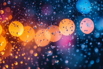 Aufkleber - Raindrops create a mesmerizing pattern on a window, showcasing vibrant city lights at night during a rainy evening