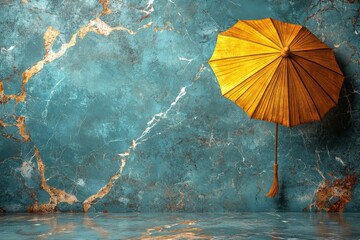 Aufkleber - Golden umbrella hanging against a textured turquoise wall creating a striking visual contrast in a contemporary space