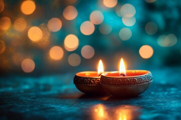 Aufkleber - Two clear clay lamps illuminate a serene setting with warm bokeh lights in the background during a joyous evening celebration