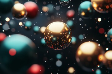 Poster - Colorful spheres float in a dark space adorned with glowing particles creating a mesmerizing cosmic effect