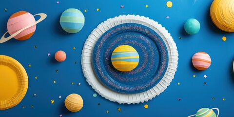 kids art craft and collage concept. colorful planet decorations against a blue background.