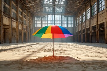 Fototapete - Colorful umbrella stands alone in an abandoned industrial building filled with sand and sunlight