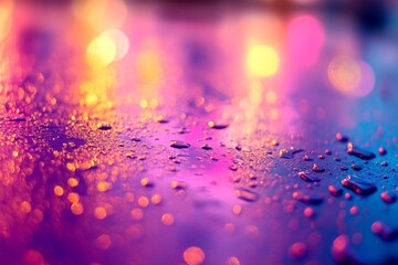Poster - Vibrant raindrops reflecting colorful lights on a wet surface at night