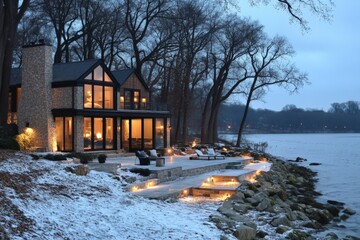 Aufkleber - Modern lakeside home illuminated at dusk with snow-covered landscape and trees in winter