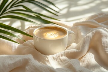 Poster - Creamy latte art in a cozy setting with natural light and soft textiles