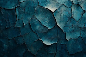 Poster - Detailed close-up of cracked turquoise wall texture showcasing unique patterns and deep coloration in natural light