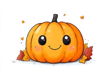 Poster - Cheerful pumpkin surrounded by autumn leaves in a whimsical illustration celebrating fall