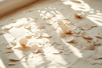 Poster - Eggshell fragments scattered on a light surface creating a textured pattern in a sunlit room