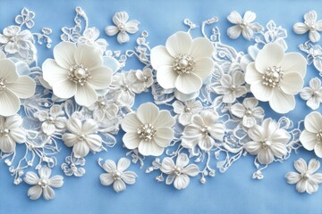 Aufkleber - Elegant white floral lace design on a soft blue background perfect for decorations and crafts