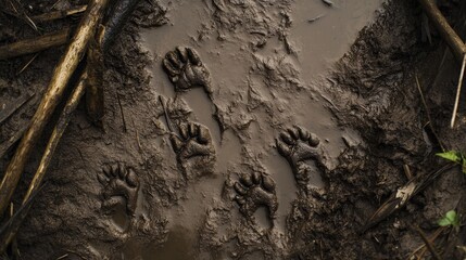 Wall Mural - otter prints crisscrossing a muddy riverbank, hinting at playful activity.