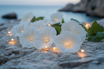 Aufkleber - White flowers illuminated by warm lights on a rocky shoreline at dusk near the ocean