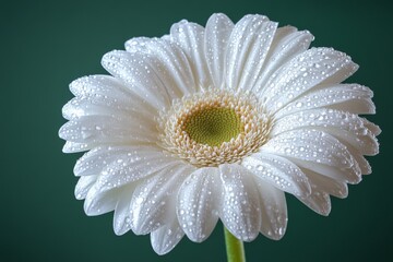 Poster - White flower covered in dew against a green background showcasing its delicate petals and intricate details